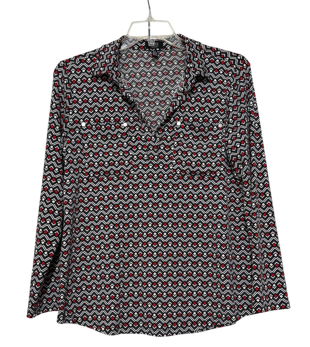 Jones New York Geometric Print Long Sleeve Blouse Top, Size M